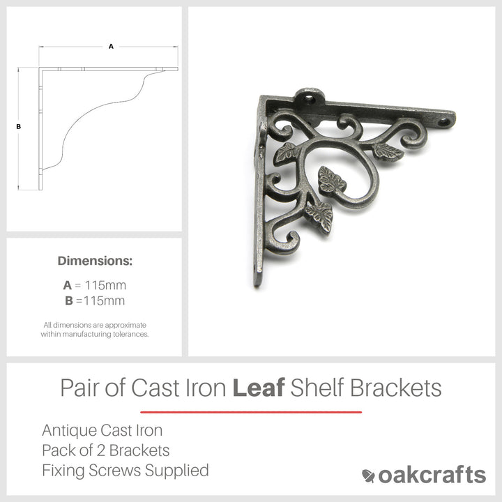 Pair of Cast Iron Leaf Design Shelf Brackets - 115mm x 115mm