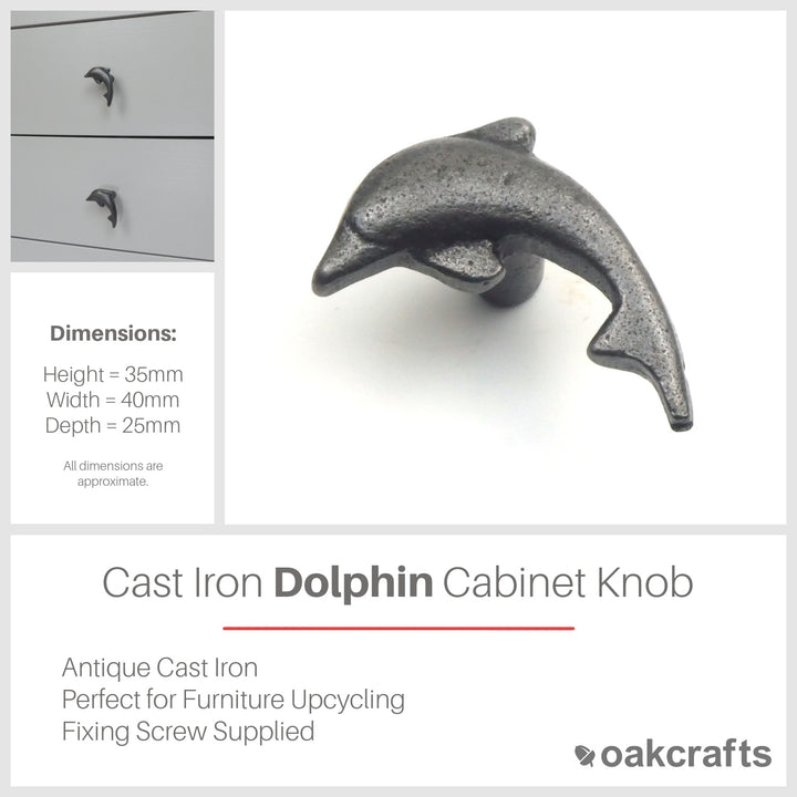 Small Cast Iron Dolphin Cabinet Knob - Approx 50mm