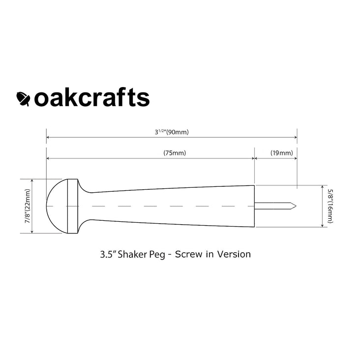 Oak Shaker Peg - Screw in Version 3.5" / 90mm