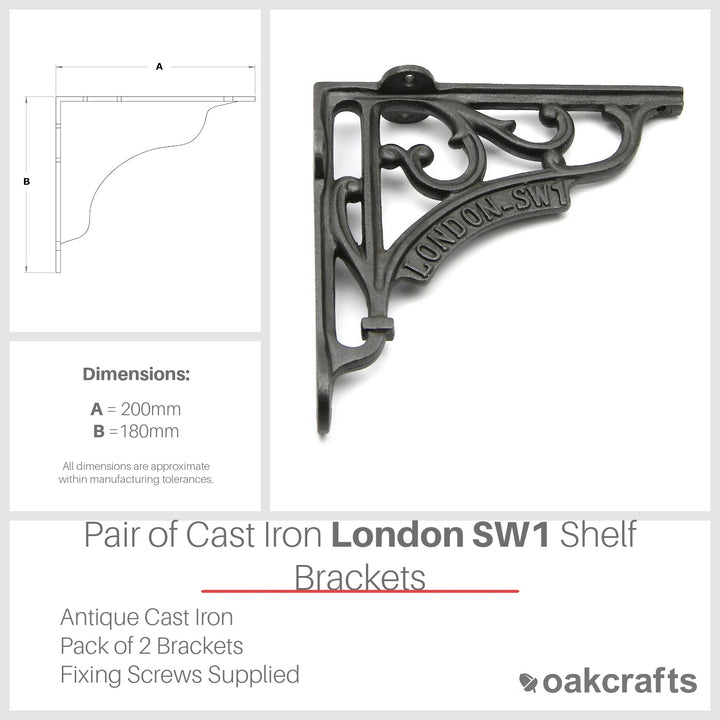 Pair of Antique Cast Iron London SW1 Shelf Brackets - 200mm x 180mm