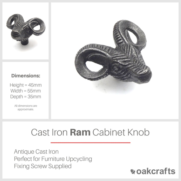 Small Cast Iron Ram Cabinet Knob - Approx 45mm