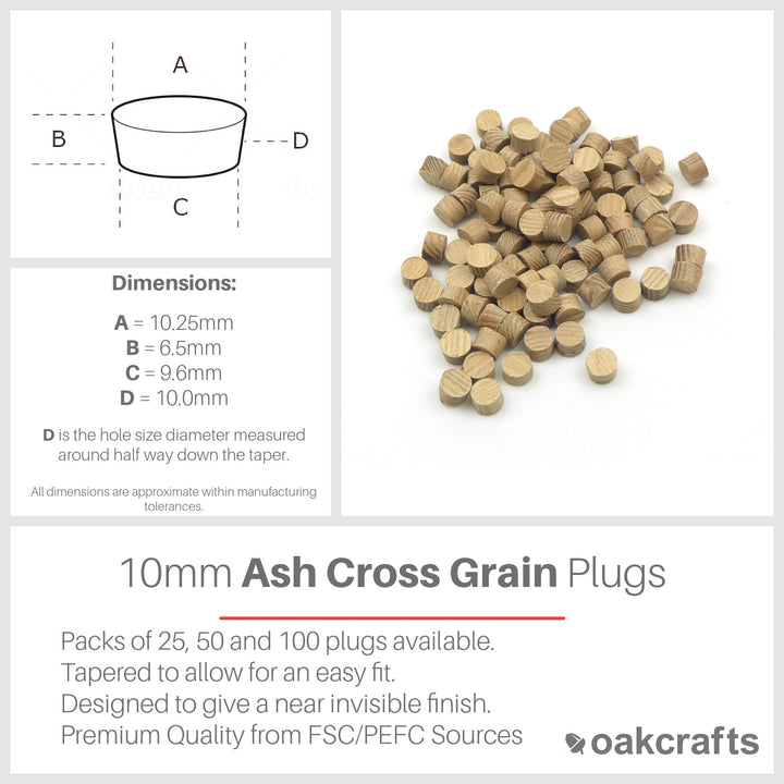 10mm Ash Flat Head Cross Grain Plug