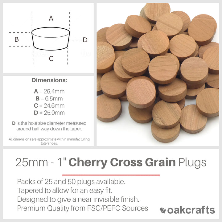 1" - 25.4mm Cherry Flat Head Cross Grain Plug