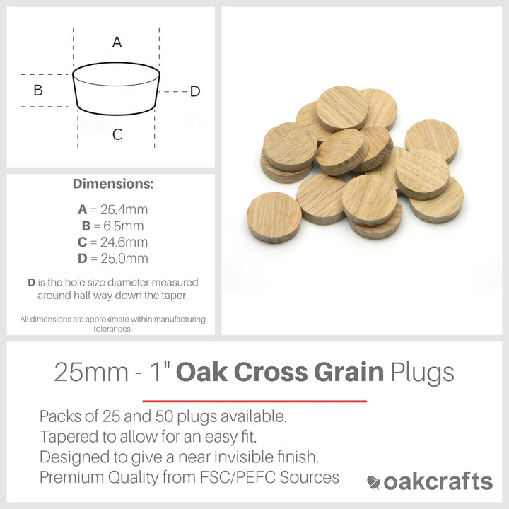 25mm - 1" Oak Flat Head Cross Grain Plug