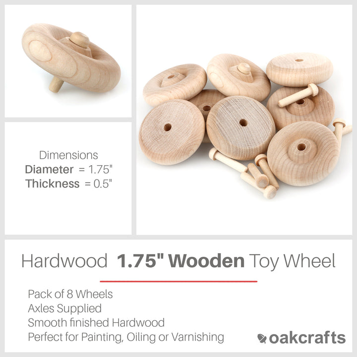 Oakcrafts 1.75" Wooden Wheel - Pack of 8 including axles
