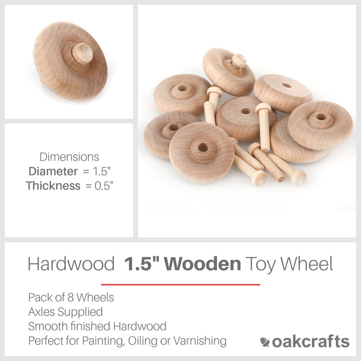 Oakcrafts 1.5" Wooden Wheel - Pack of 8 including axles