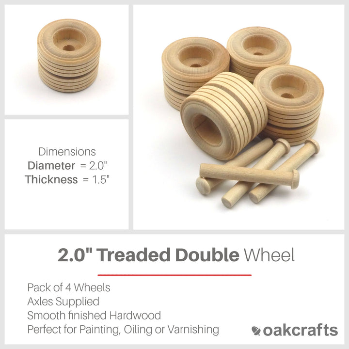 Oakcrafts 2" Double Treaded Wooden Wheel - Pack of 4 including axles