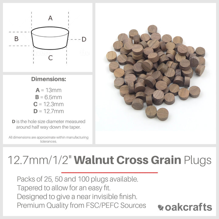 1/2" - 12.7mm Walnut Flat Head Cross Grain Plug