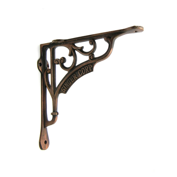 Pair of Antique Cast Iron SINGER Shelf Brackets in a Copper Finish - 200mm x 200mm