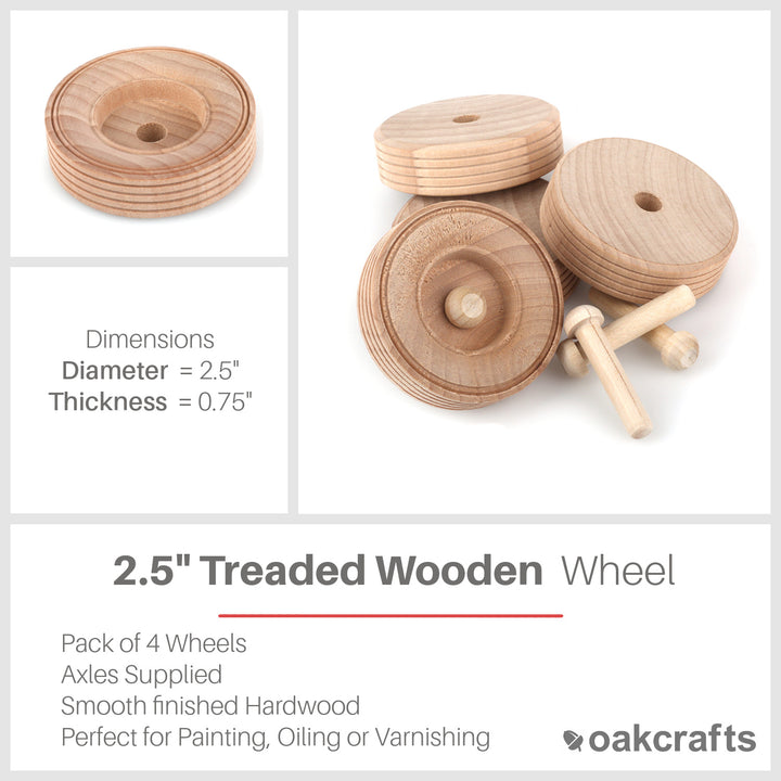 Oakcrafts 2.5" Wooden Treaded Wheels - Pack of 4 including axles
