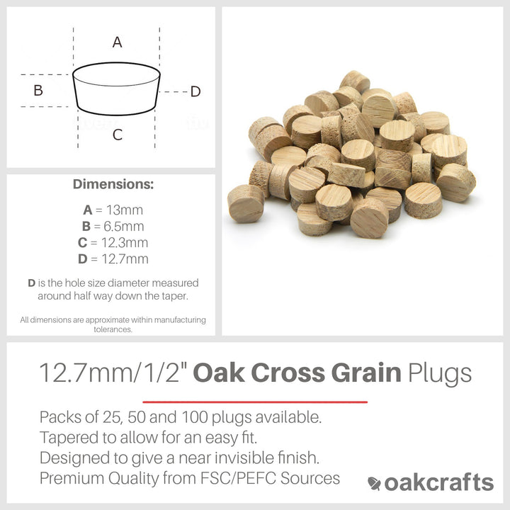 12.7mm - 1/2" Oak Flat Head Cross Grain Plug