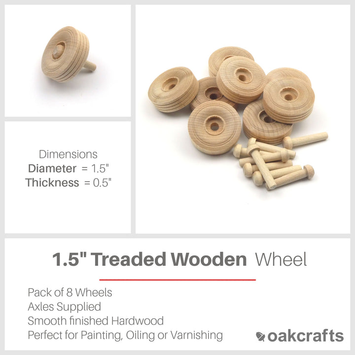 Oakcrafts 1.5" Wooden Treaded Wheels - Pack of 8 including axles