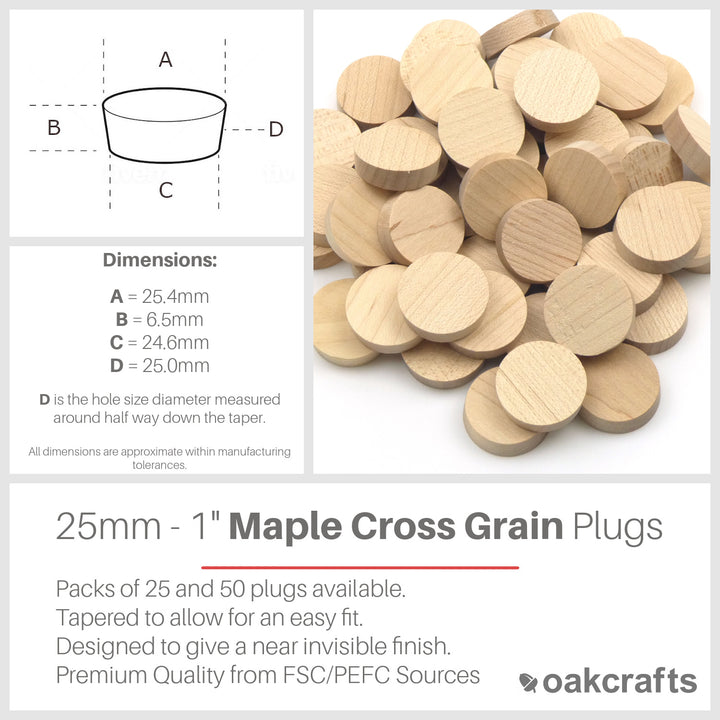 1" - 25.4mm Maple Flat Head Cross Grain Plug