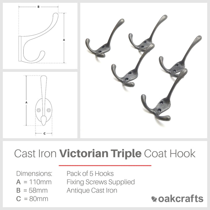 Cast Iron Victorian Triple Coat Hook - Pack of 5 Hooks