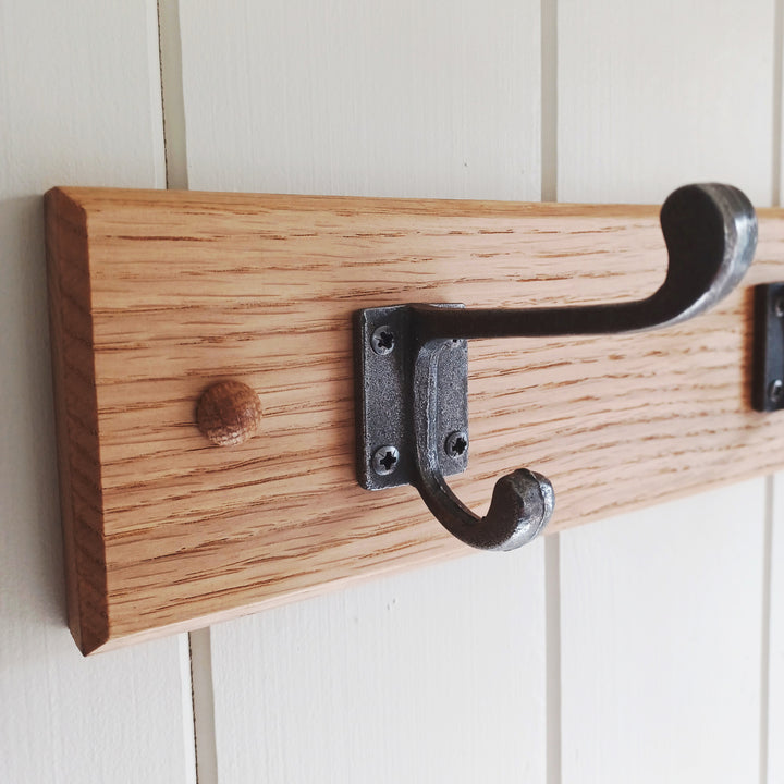 Handcrafted Solid Oak Coat Rack with Cast Iron Hooks