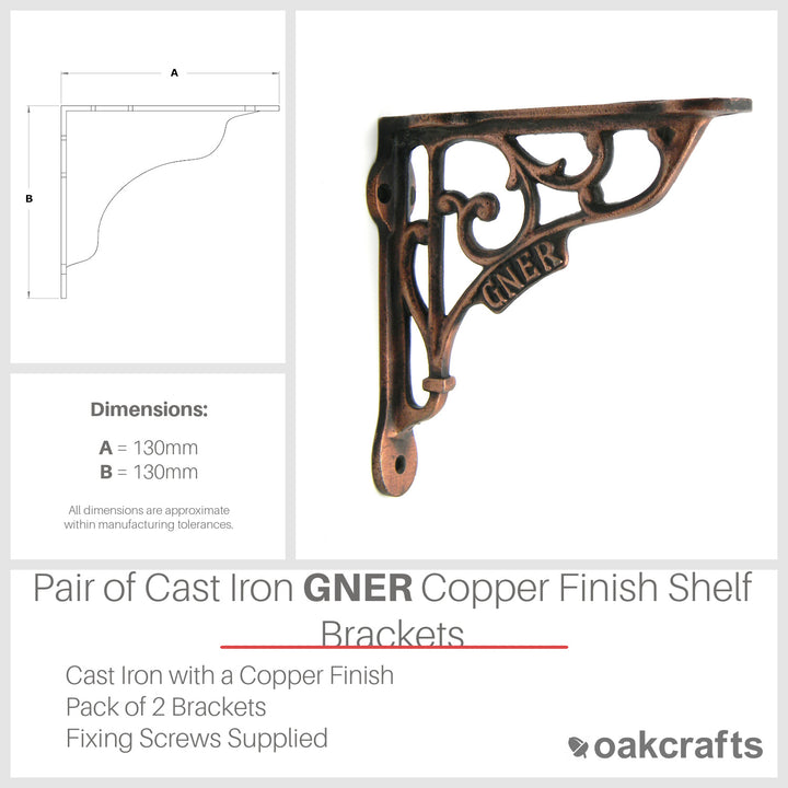 Pair of GNER Shelf Brackets Antique Cast Iron with a Copper Finish - 130mm x 130mm 