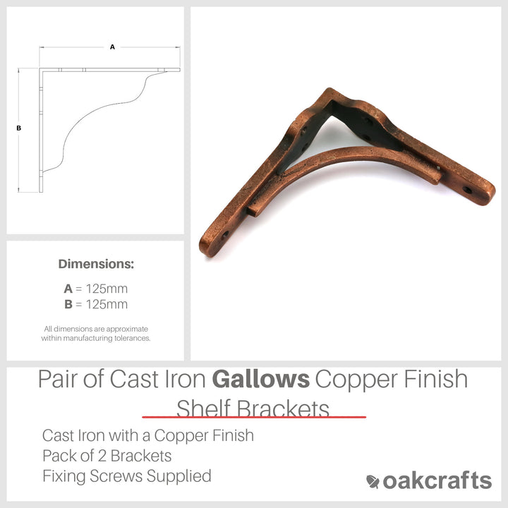 Pair of GALLOWS Heavy Shelf Brackets with a Copper Finish (5.0" x 5.0" / 125mm x 125mm)