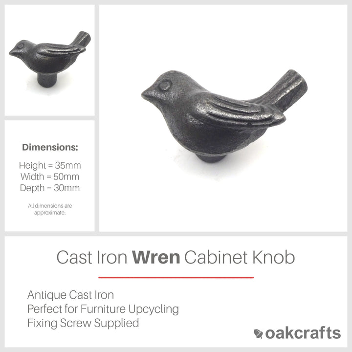 Small Cast Iron Wren Cabinet Knob - Approx 50mm