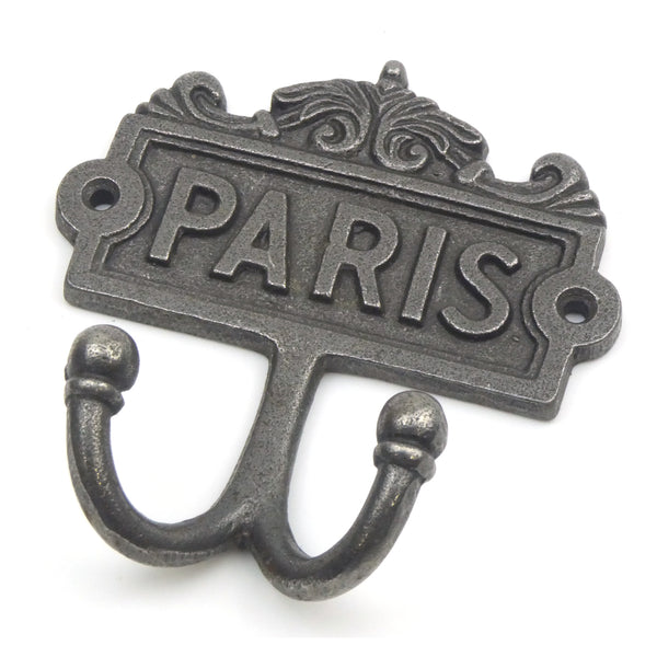 Vintage Style Twin Coat Hook Cast Iron PARIS Victorian Repro Double Peg 110mm x 120mm