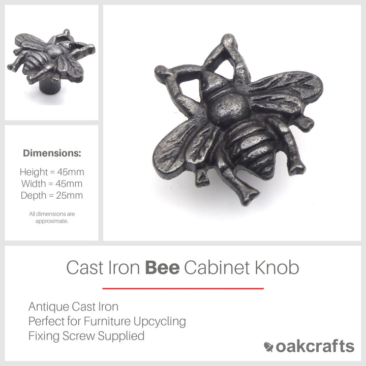 Small Cast Iron Bee Cabinet Knob - Approx 45mm