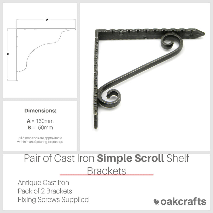 Pair of Antique Cast Iron Simple Scroll Shelf Brackets  - 150mm x 150mm