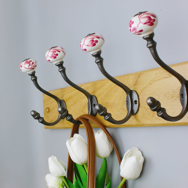 Hand Finished Pink Leaf Ceramic Coat Hooks - Pack of 4