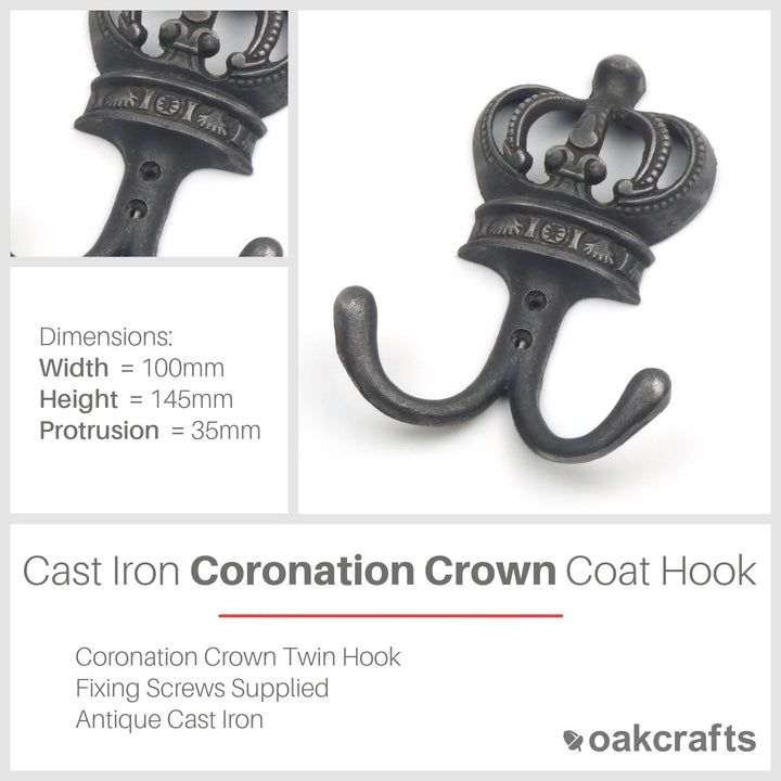 Vintage Style Twin Coat Hook Cast Iron Coronation Crown 100mm x 145mm