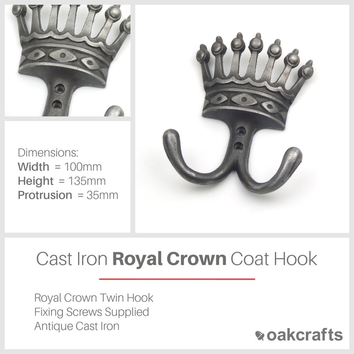 Vintage Style Twin Coat Hook Cast Iron Royal Crown 100mm x 135mm