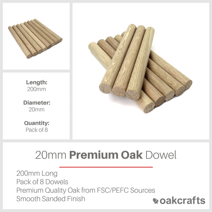 20mm Oak Dowel 200mm Length - Pack of 8 Dowels