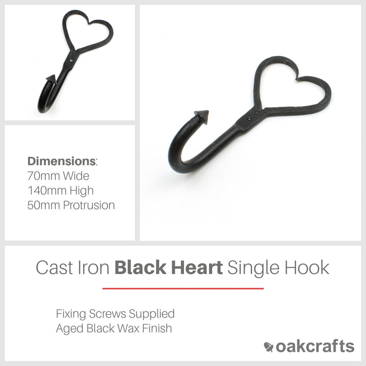 Cast Iron Heart Single Hook in Aged Black Wax Finish