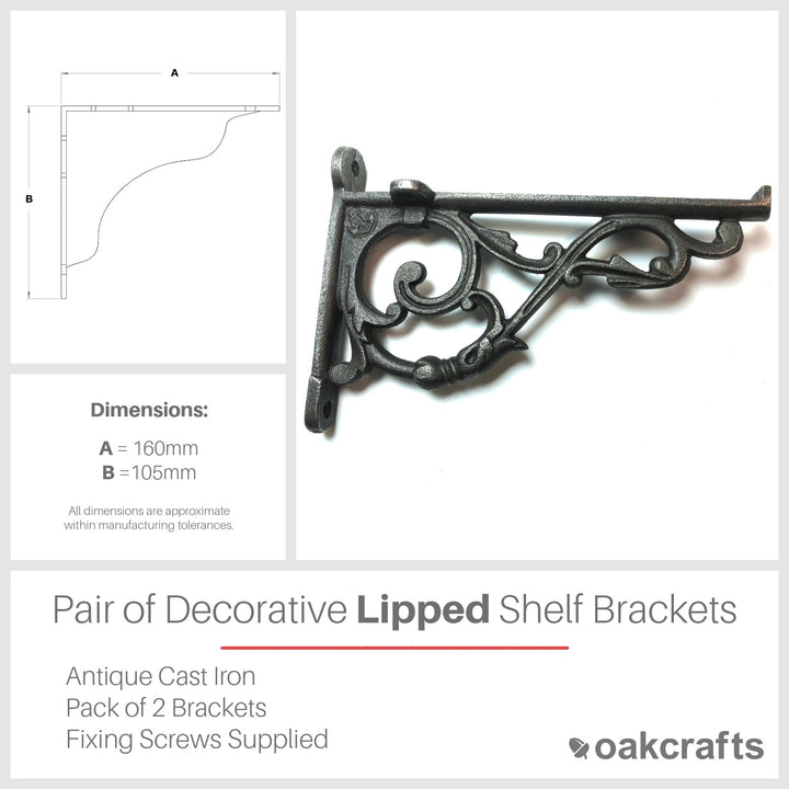 Pair of Antique Cast Iron Decorative Lipped Shelf Brackets - 105mm x 160mm 