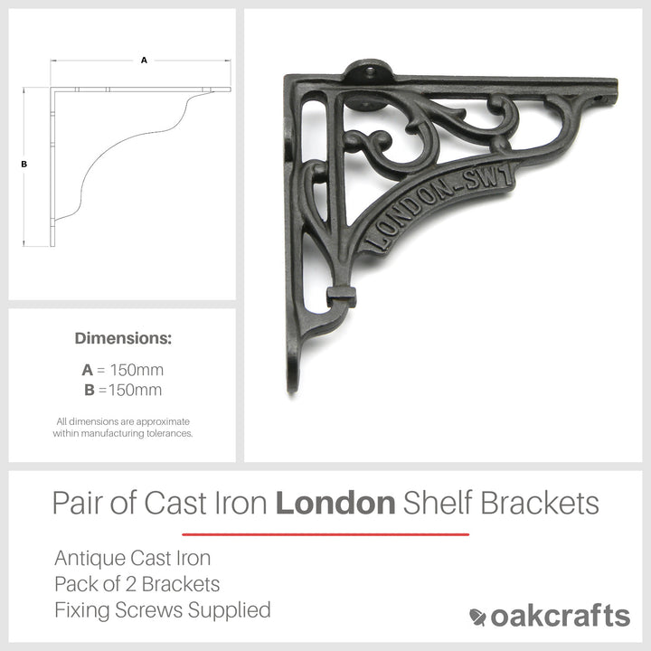 Pair of Antique Cast Iron London SW1 Shelf Brackets 150mm x 150mm