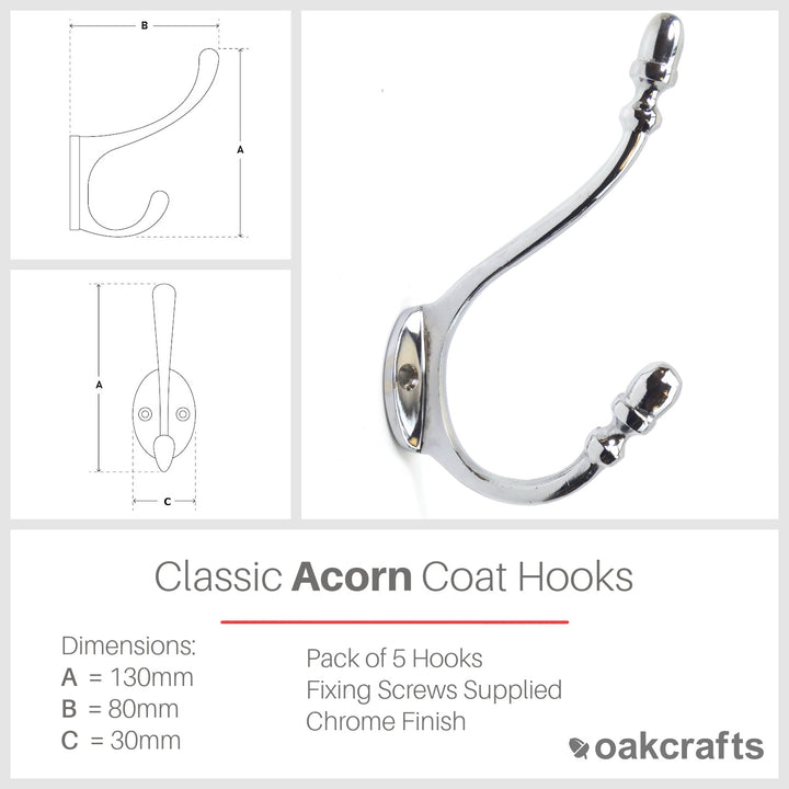 Antique Acorn Design Polished Chrome Finish Coat Hook - 5" / 130mm - Pack of 5 Hooks