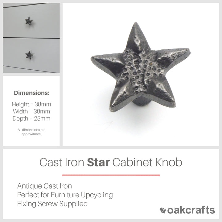 Small Cast Iron Star Cabinet Knob - Approx 35mm