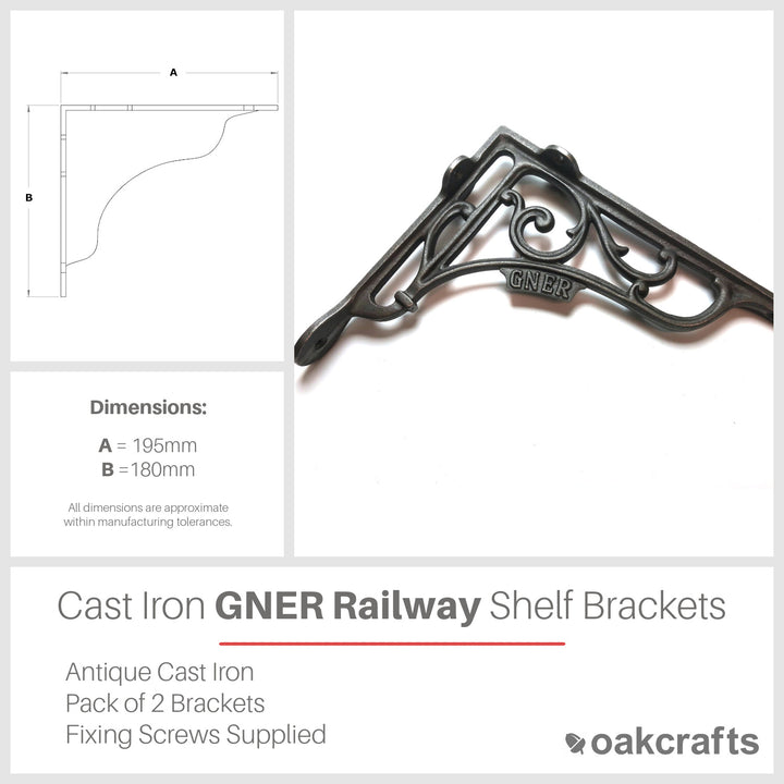 Pair of Antique Cast Iron 'GNER' Railway Victorian Style Shelf Brackets 
