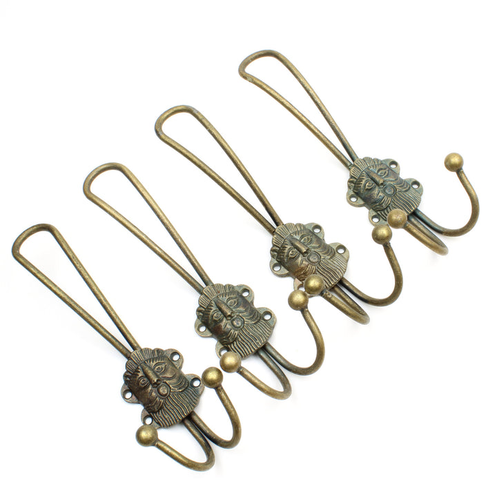 Ornate Green Man Style Hat & Coat Triple Hook in Antique Brass - Pack of 4 Hooks