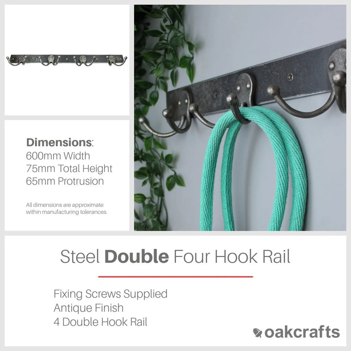 Antique Steel 4 Double Hook Rail - Stylish and Practical – Oakcrafts