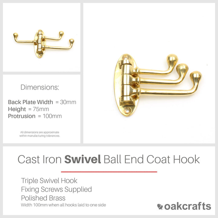 Ball End Swivel Triple Coat Hook in Polished Brass