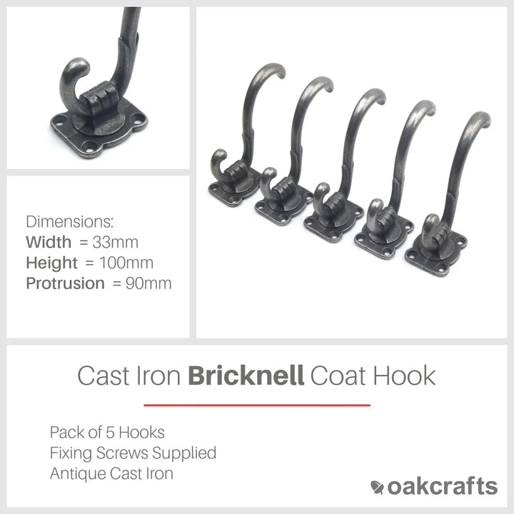 Cast Iron Bricknell Coat Hook - Pack of 5 Hooks - Oakcrafts