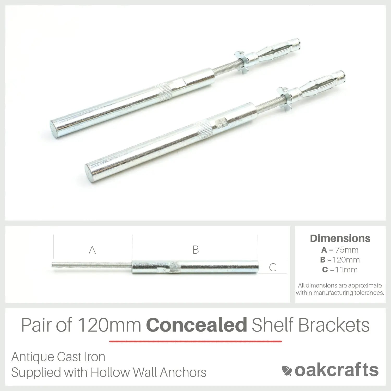 Pair of Concealed/Floating Shelf Cavity Wall Support Rods - 12mm x ...