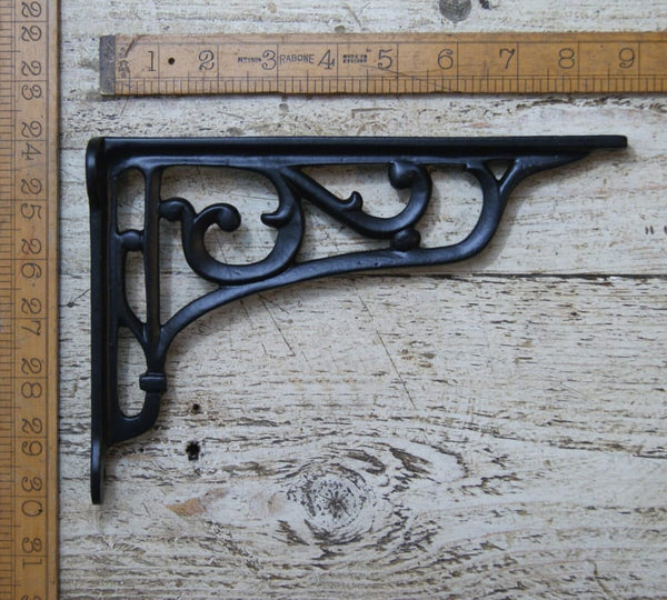 Pair of Antique Cast Iron Heritage Shelf Brackets in Satin Black Finish - 150mm x 175mm