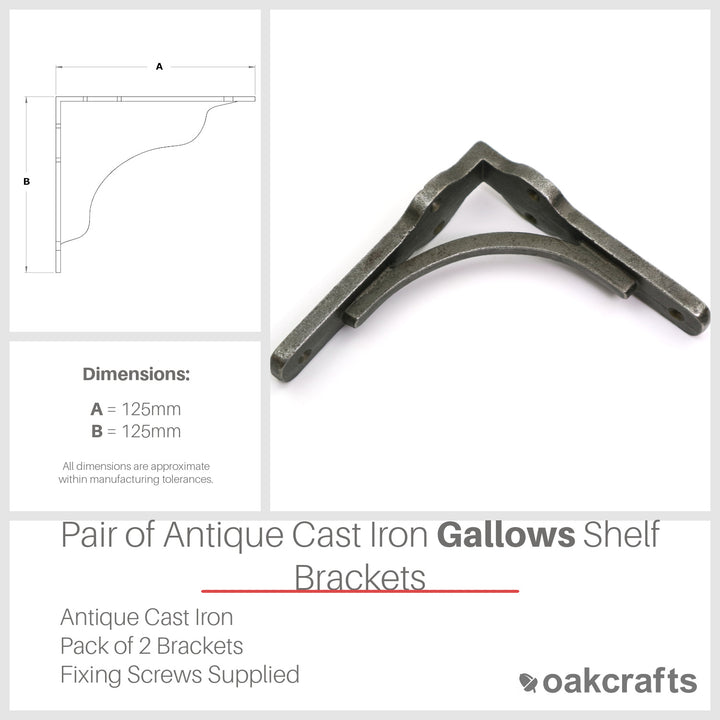 Pair of Antique Cast Iron Gallows Shelf Brackets - 125mm x 125mm