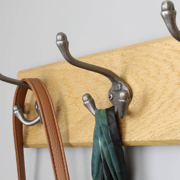 Handcrafted Solid Oak Coat Rack with Cast Iron 1883 Triple Hooks