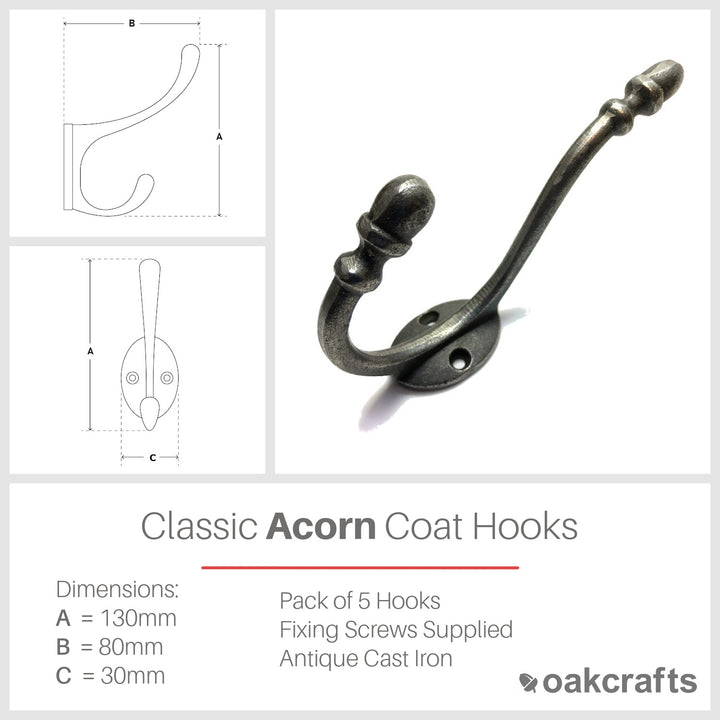 Antique Acorn Design Cast Iron Coat Hook - 5" / 130mm - Pack of 5 Hooks