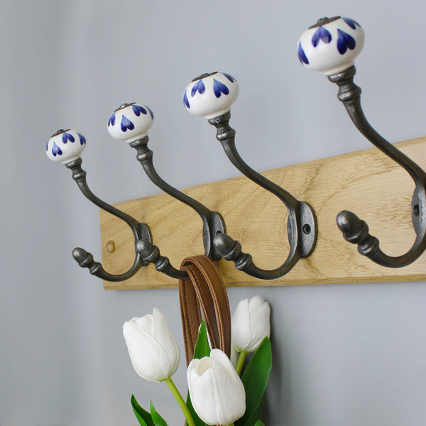 Hand Finished Blue Petal Ceramic Coat Hooks - Pack of 4