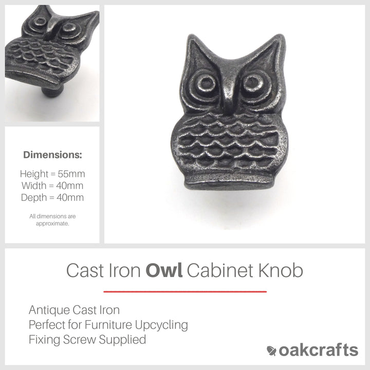 Small Cast Iron Owl Cabinet Knob - Approx 55mm