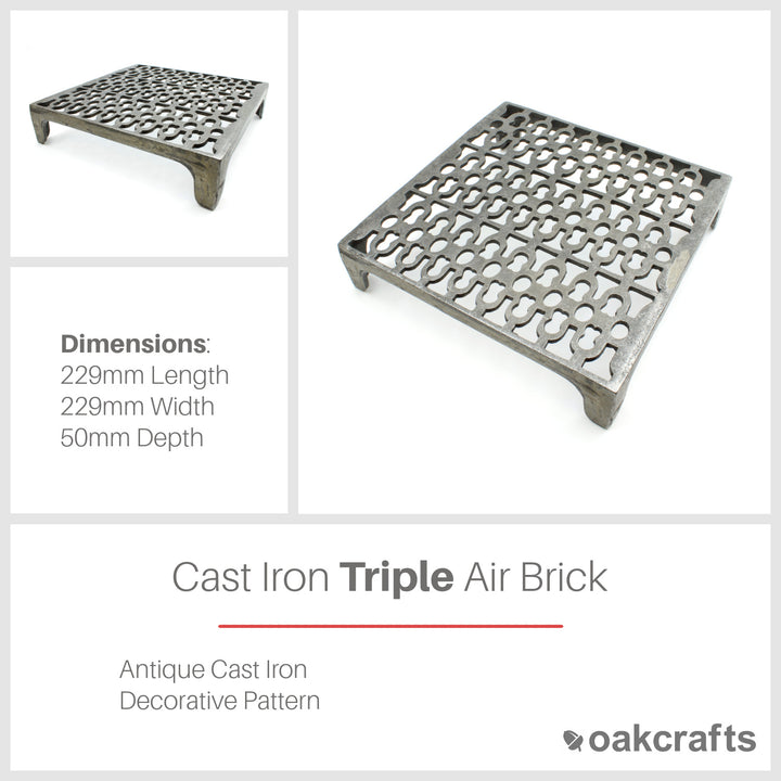 Antique Cast Iron Triple Air Brick - 229mm x 229mm
