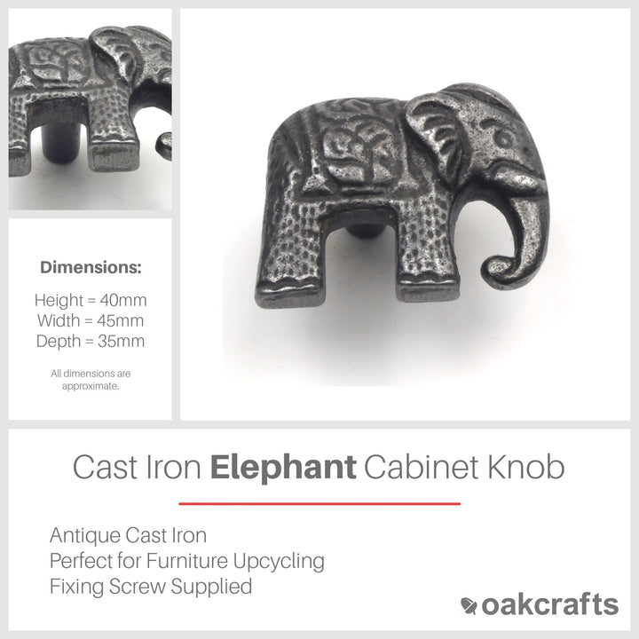 Small Cast Iron Elephant Cabinet Knob - Approx 45mm