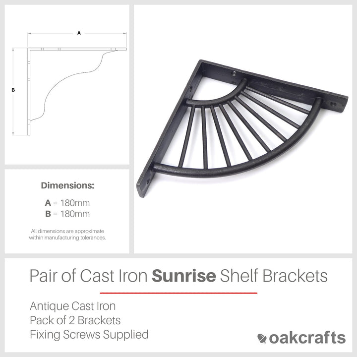 Pair of Antique Cast Iron Sunrise Design Shelf Brackets - 180mm x 180mm