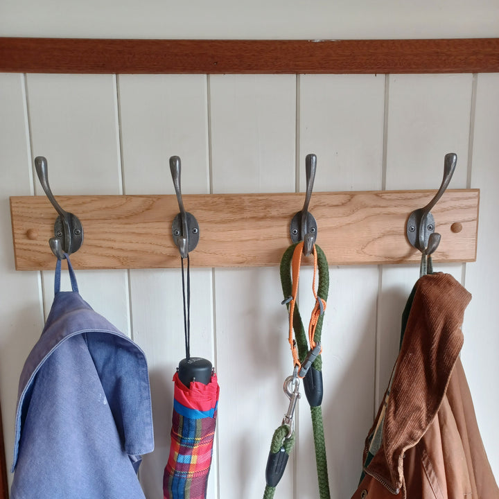 Handcrafted Solid Oak Coat Rack with Cast Iron Hooks